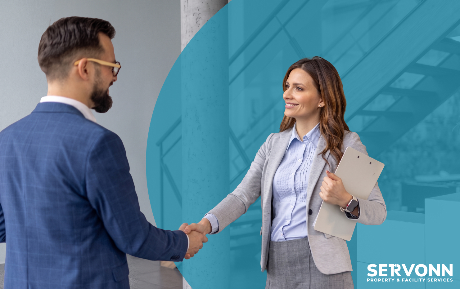 Business professionals shaking hands, vetting facility management partners.